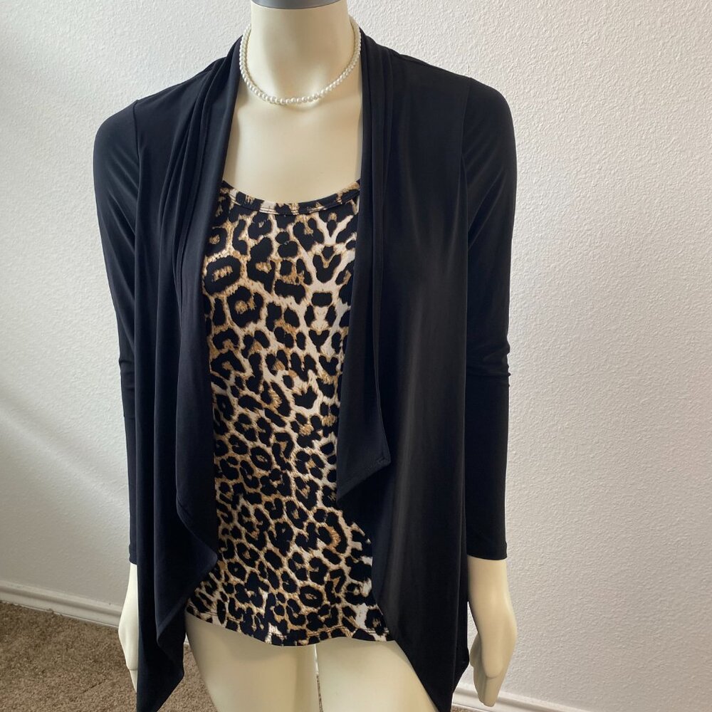Chaus New York Cardigan Blouse Top 2-in-1 Jaguar print Black Size S $59 - Picture 2 of 8